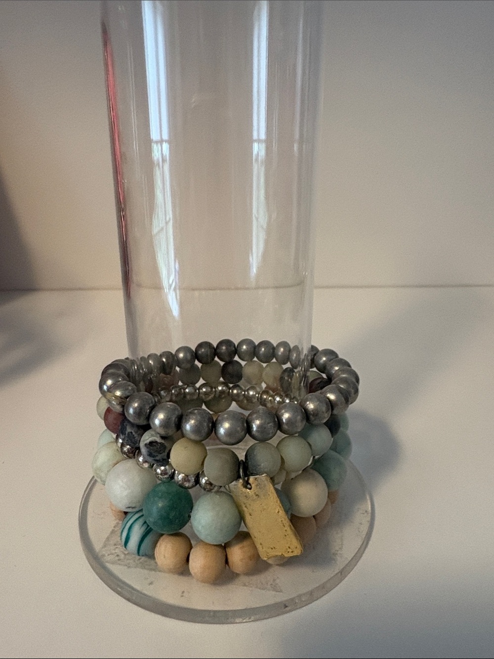 Stackable Multi-Bead Stretch Bracelet Set in Green, Silver, Neutral